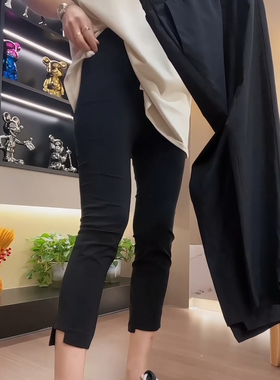 欧货大码女装夏季新款八分速干裤黑色裤纸皮裤弹力高腰显瘦面膜裤