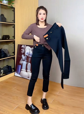 欧货黑色弹力直筒休闲裤2024年秋季新款高腰显瘦小个子九分烟管裤