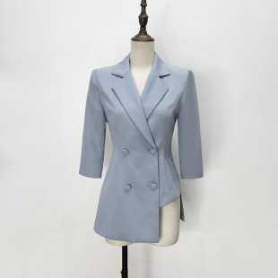 外套春秋薄款 中长款 高级感双排扣西服 小个子七分袖 浅蓝色休闲西装