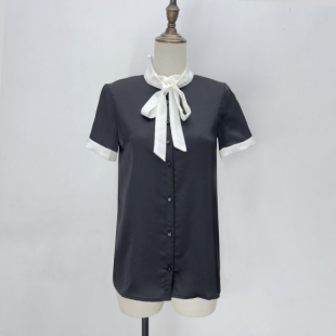 夏季薄款黑色仿真丝缎面衬衫短袖工作服酒店制服职业通勤衬衣女