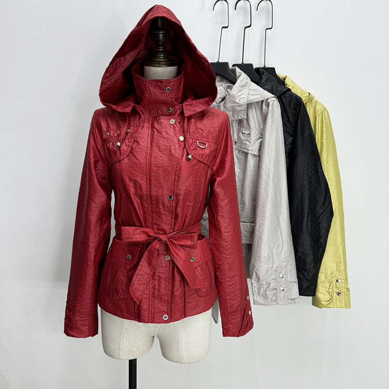风衣薄外套系腰带可拆卸帽子2024春秋新款外贸出口时尚披风短外套
