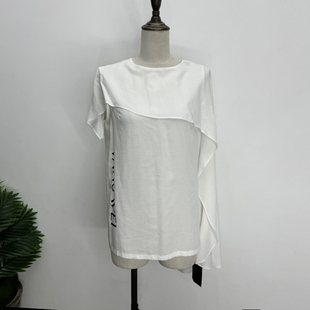 遮肚直筒套头防晒衫 中长款 白色荷叶边圆领短袖 天丝加亚麻上衣夏季