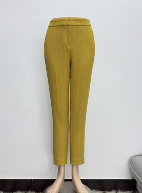 浅黄色铅笔裤九分裤职业通勤OL风格暗花纹修身包臀小脚西裤秋冬款