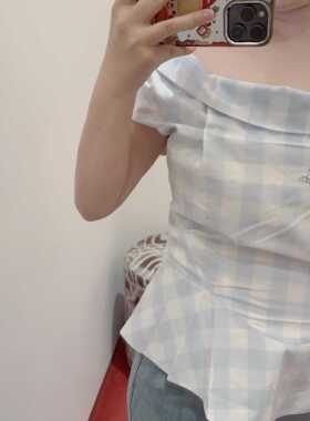 土星定制蓝色格纹120支双股棉线一字露肩上衣修身显瘦衬衫24ss新