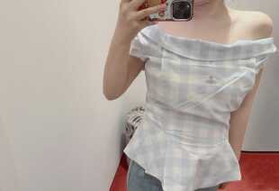 土星定制蓝色格纹120支双股棉线一字露肩上衣修身显瘦衬衫24ss新