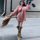 慵懒风麻花针织衫 温柔粉色 法式 女秋冬宽松加厚廓形感圆领大毛衣