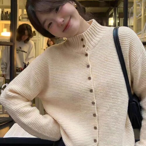 慵懒风杏色长袖纽扣单排扣针织开衫纯色带领简约保暖打底毛衣外套