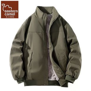 东方骆驼美式加绒教练夹克外套男秋冬季高级感加厚工装立领上衣服