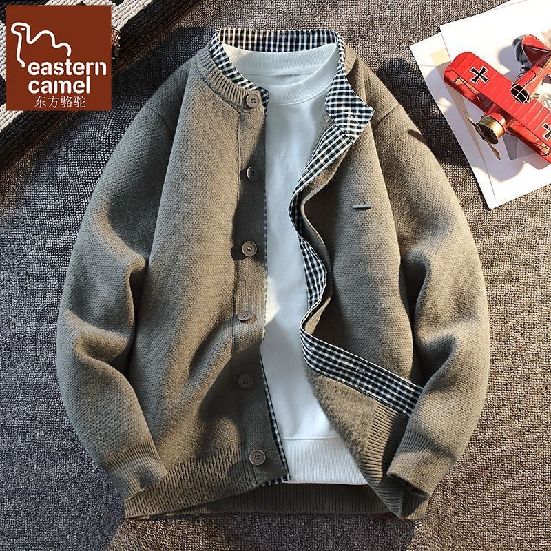 春秋季圆领格子拼接假两件针织开衫外套男士青年修身百搭毛衣褂子