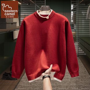 保暖毛线衣叠穿针织衫 红色毛衣圆领假两件新款 老钱风长袖 秋冬男士
