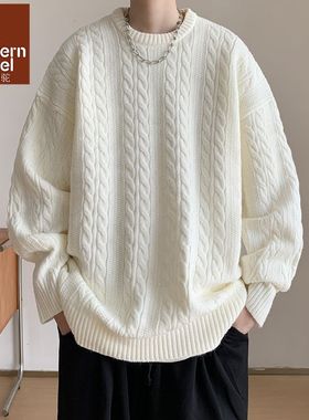 深灰色麻花毛衣男冬季潮牌oversize情侣针织衫美式慵懒风毛线衣