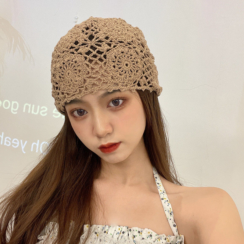 韩版宽边发带显脸小镂空钩针夏季帽子女薄款透气包头巾水桶堆堆帽