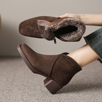 短靴真皮粗跟加绒方头