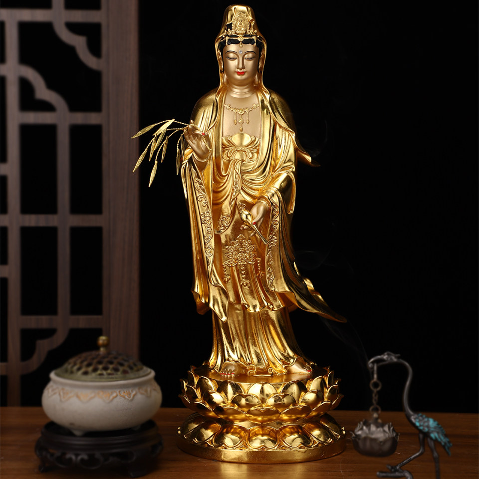 新款汉白玉贴金观音菩萨家用供奉佛像南海站莲观音神像三圣摆件