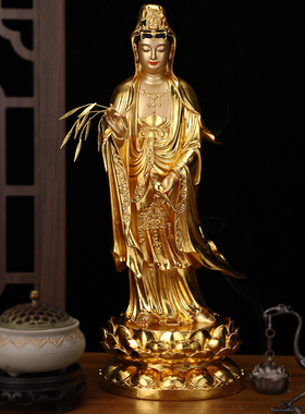新款汉白玉贴金观音菩萨家用供奉佛像南海站莲观音神像三圣摆件