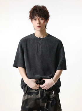 JIINOO美式肌理感亨利领t恤男女夏季高街潮牌T恤复古宽松休闲短袖