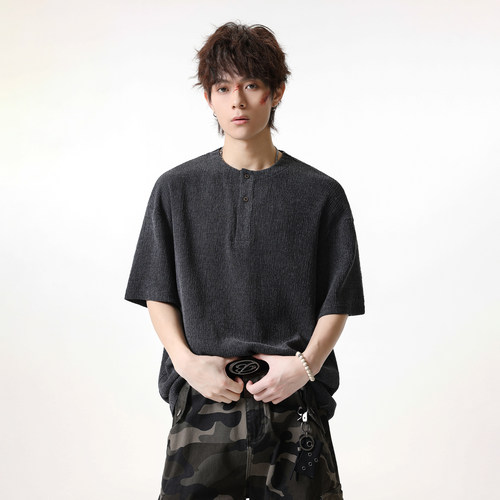 美式高街亨利领肌理宽松短袖T恤