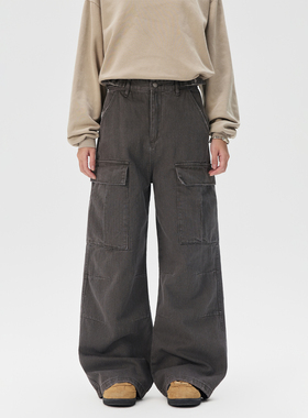 JIINOO全棉多口袋竹节工装休闲长裤 春秋新款宽松男女青少年长裤