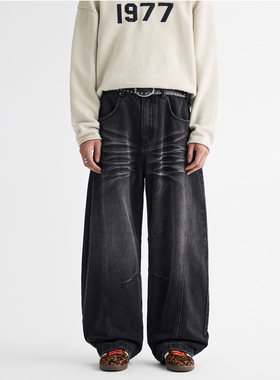 JIINOO美式复古cleanfit黑色牛仔裤男直筒宽松阔腿长裤2025秋新款