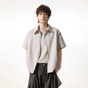 JIINOO夏季美式高街vibe拉链短袖衬衫男纯色百搭高级感T恤外套