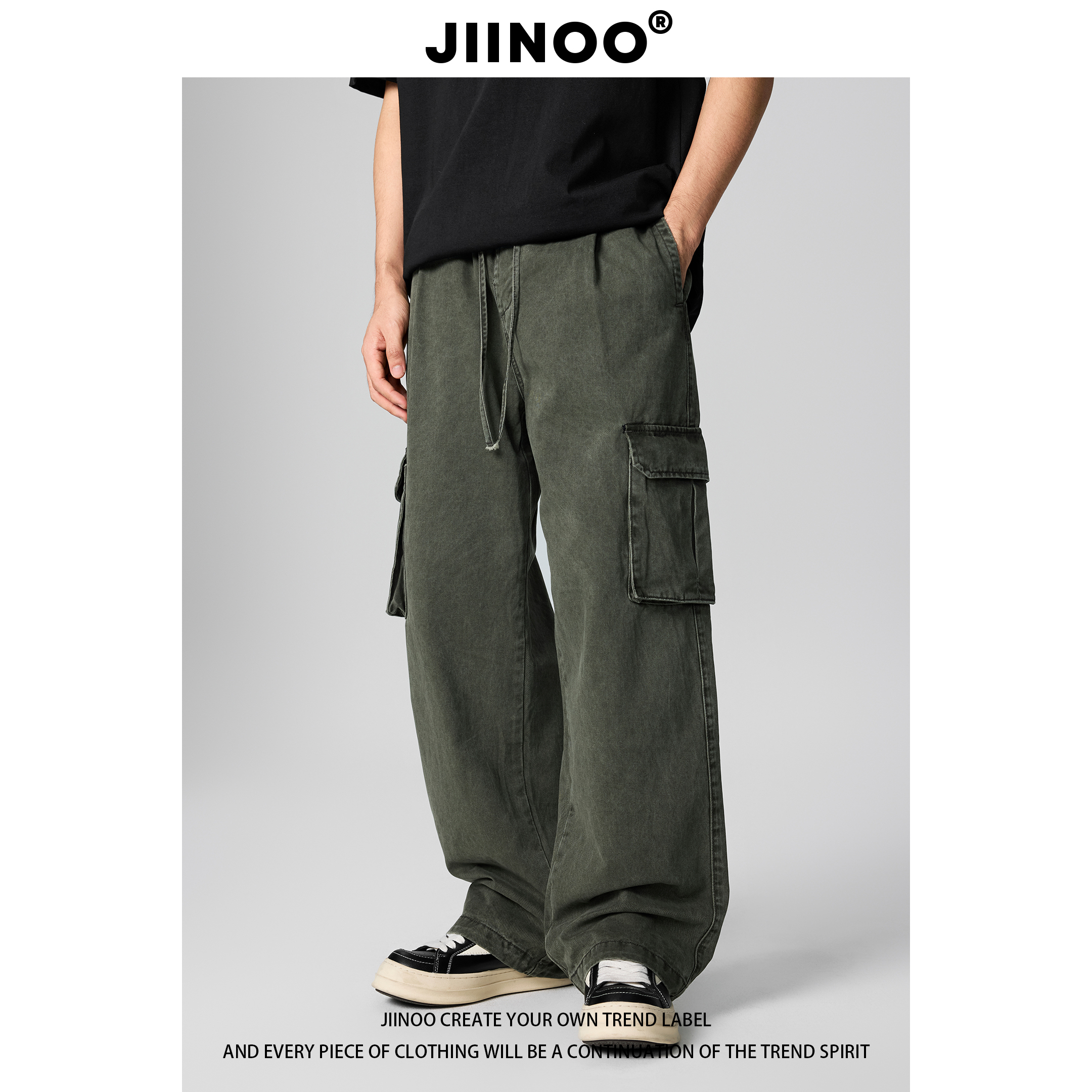 JIINOO纯棉重磅水洗工装裤