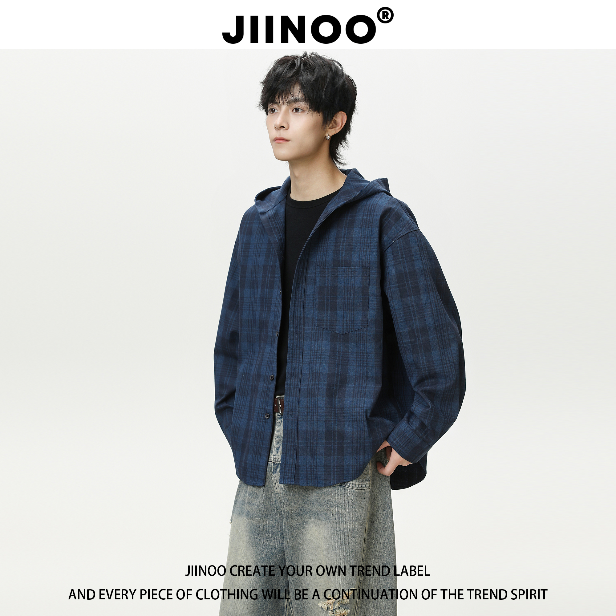 JIINOO美式蓝色格子连帽衬衫