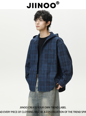 JIINOO美式蓝色格子连帽衬衫男秋季宽松开衫休闲衬衣潮牌外套