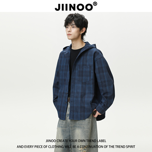 宽松开衫 男秋季 休闲衬衣潮牌外套 蓝色格子连帽衬衫 JIINOO美式