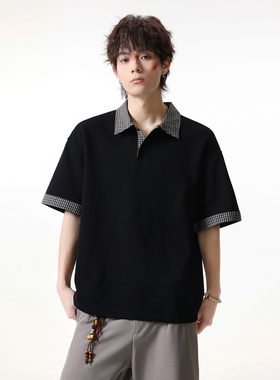 JIINOO复古格子领拼接短袖polo衫男夏季宽松大码上衣T恤潮