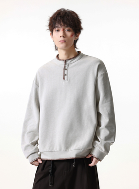 JIINOO老钱风手缝线亨利领卫衣男女春季休闲宽松百搭长袖设计T恤