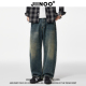 阔腿休闲牛仔裤 JIINOO复古水洗cleanfit弯刀男女宽松牛仔裤 美式