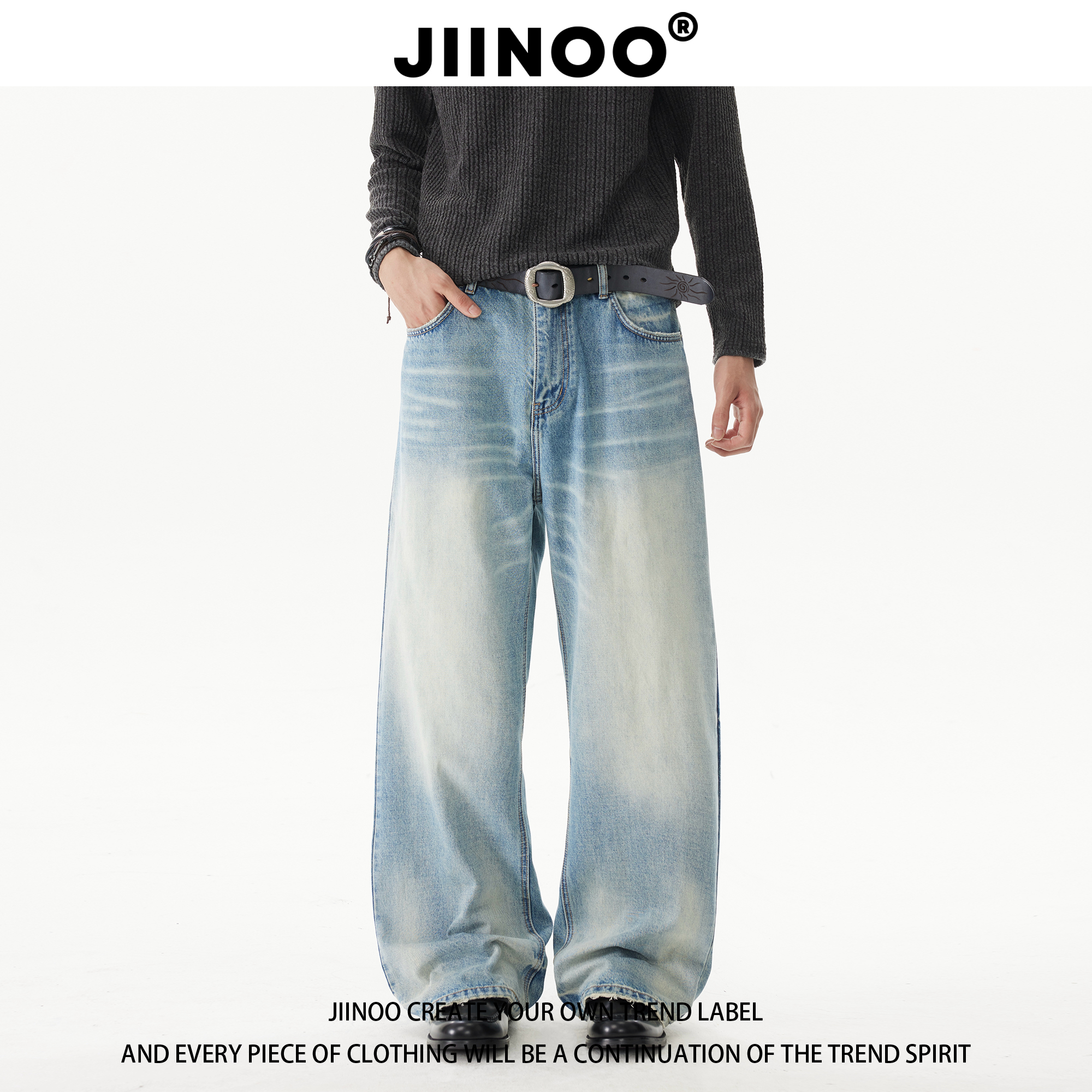 JIINOO美式复古水洗蓝牛仔裤