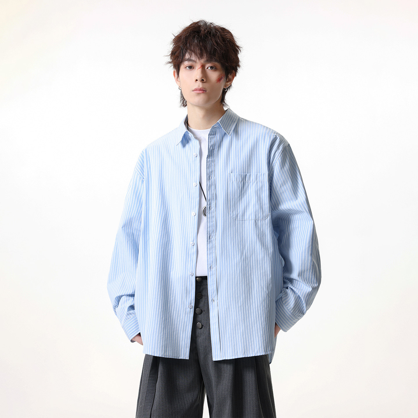 JIINOO男装日系简约休闲条纹翻领衬衫男士秋季宽松长袖衬衣