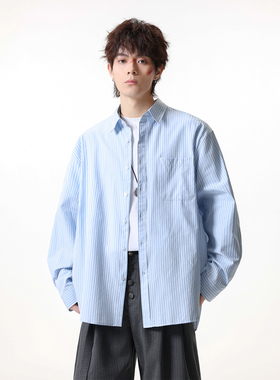 JIINOO男装日系简约休闲条纹翻领衬衫男士秋季宽松长袖衬衣