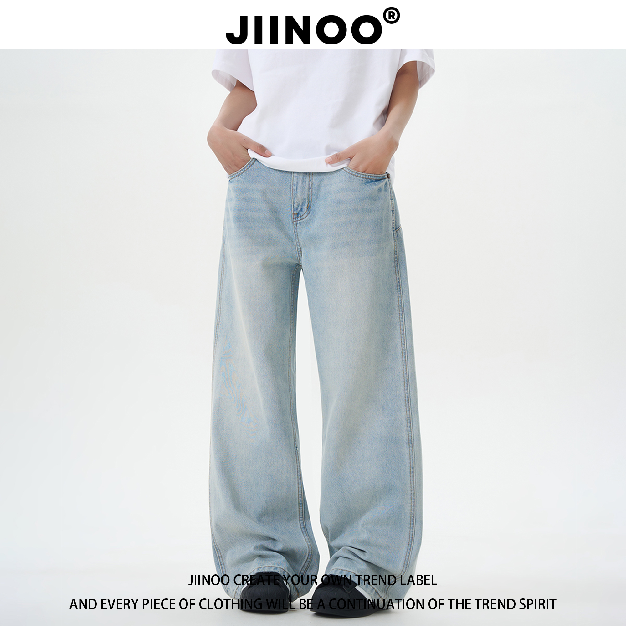 JIINOO春季水洗蓝美式A字牛仔裤