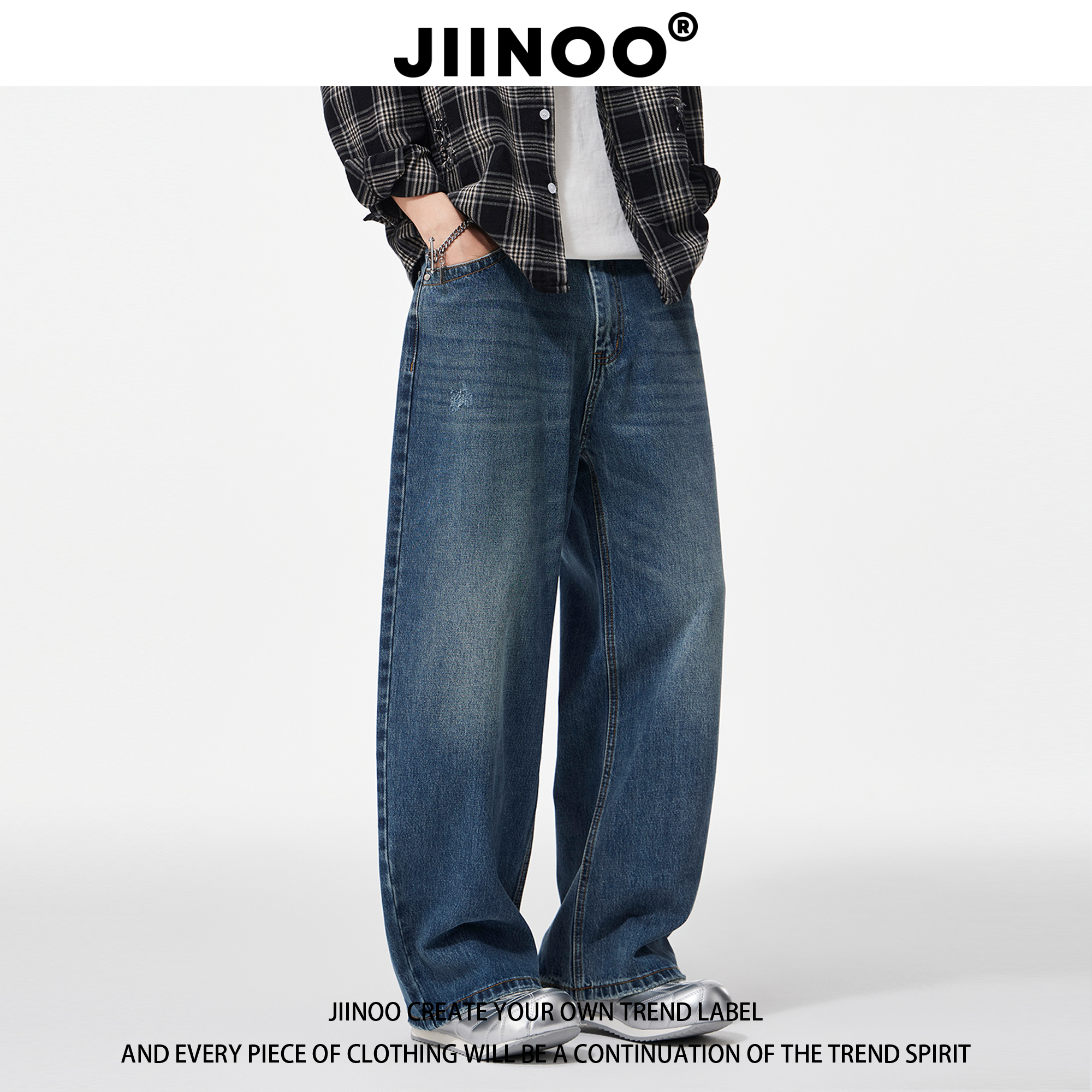 JIINOO美式复古水洗弯刀牛仔裤