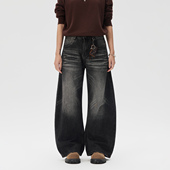 男宽松复古设计感弯刀阔腿长裤 JIINOO美式 猫须水洗做旧牛仔裤 子