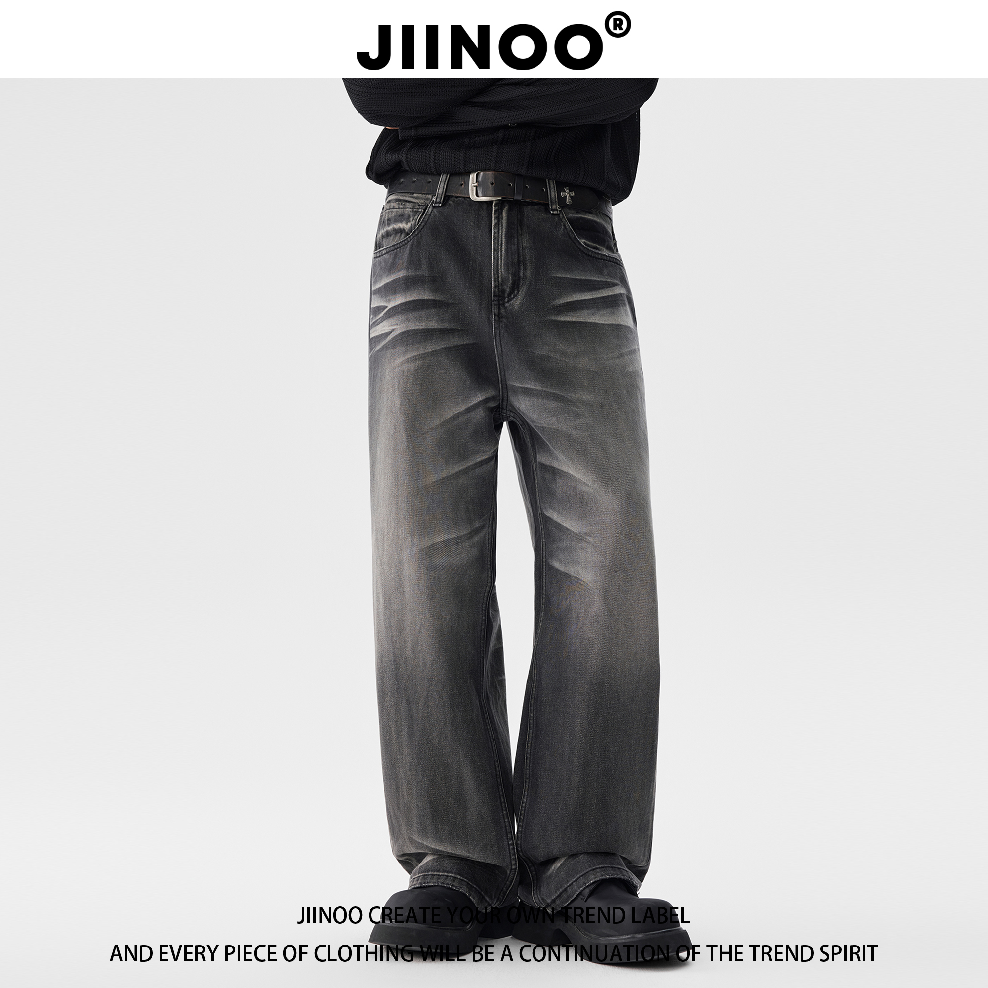 JIINOO美式复古黑灰色牛仔裤