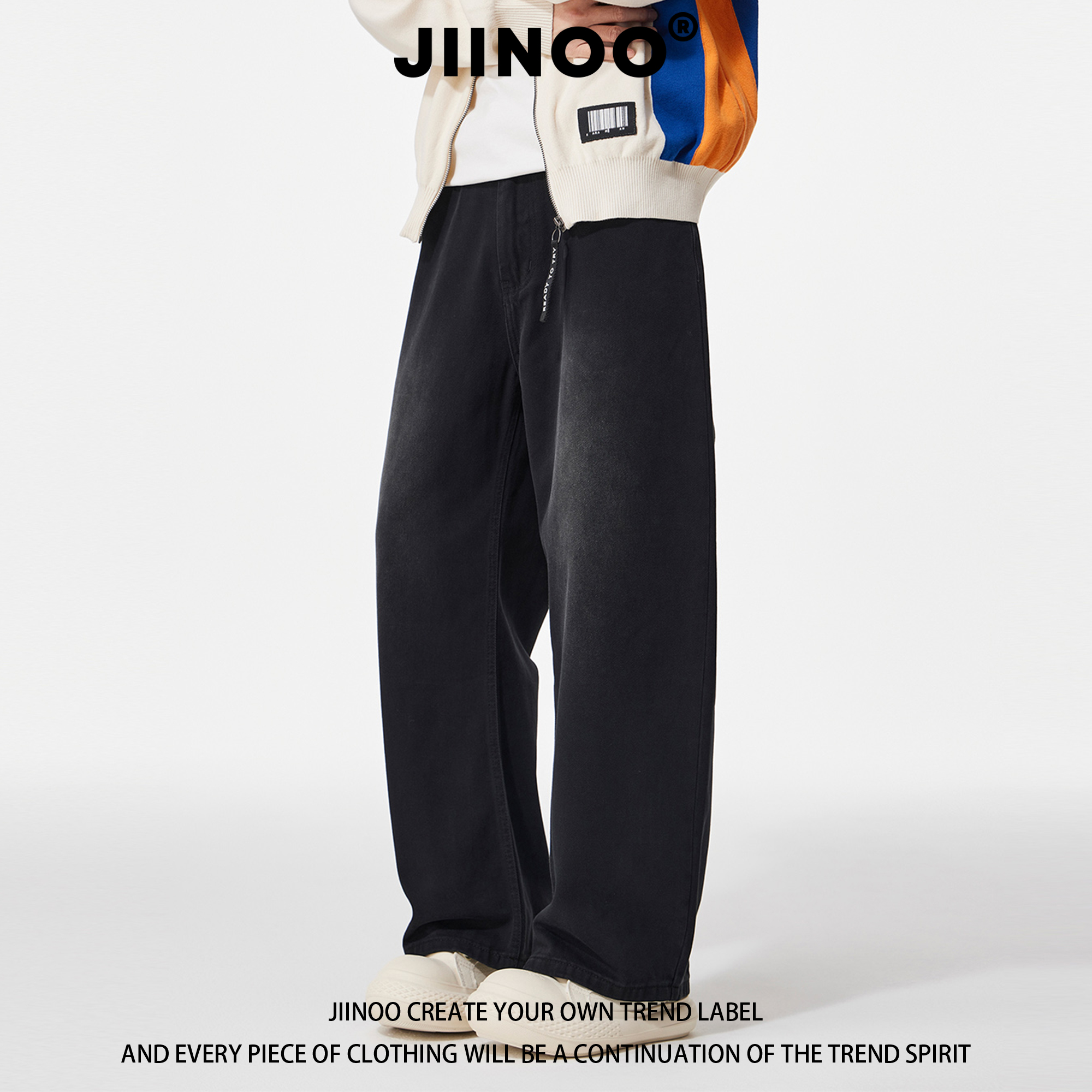 JIINOO美式黑色水洗弯刀牛仔裤