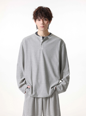 JIINOO条纹亨利领长袖T恤男女春季美式潮牌简约休闲打底衫上衣