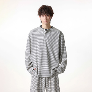 JIINOO条纹亨利领长袖T恤男女春季美式潮牌简约休闲打底衫上衣