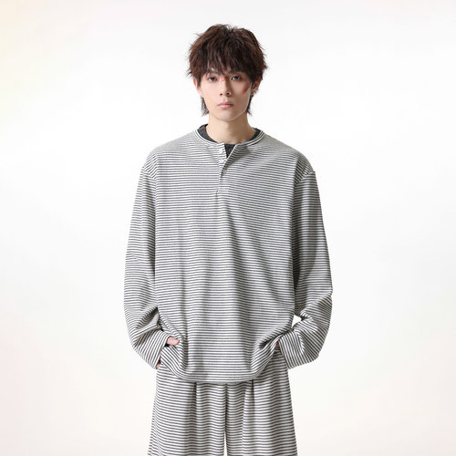 春季美式条纹亨利领长袖T恤