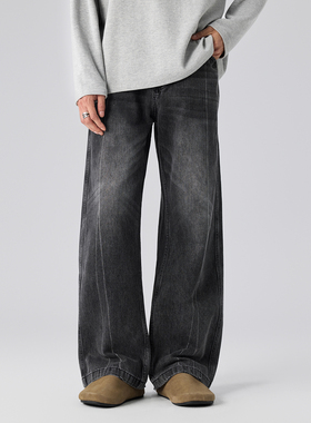 JIINOO 美式黑灰直筒宽松牛仔裤男女重工水洗手工擦线休闲长裤