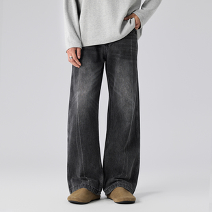男女重工水洗手工擦线休闲长裤 黑灰直筒宽松牛仔裤 美式 JIINOO