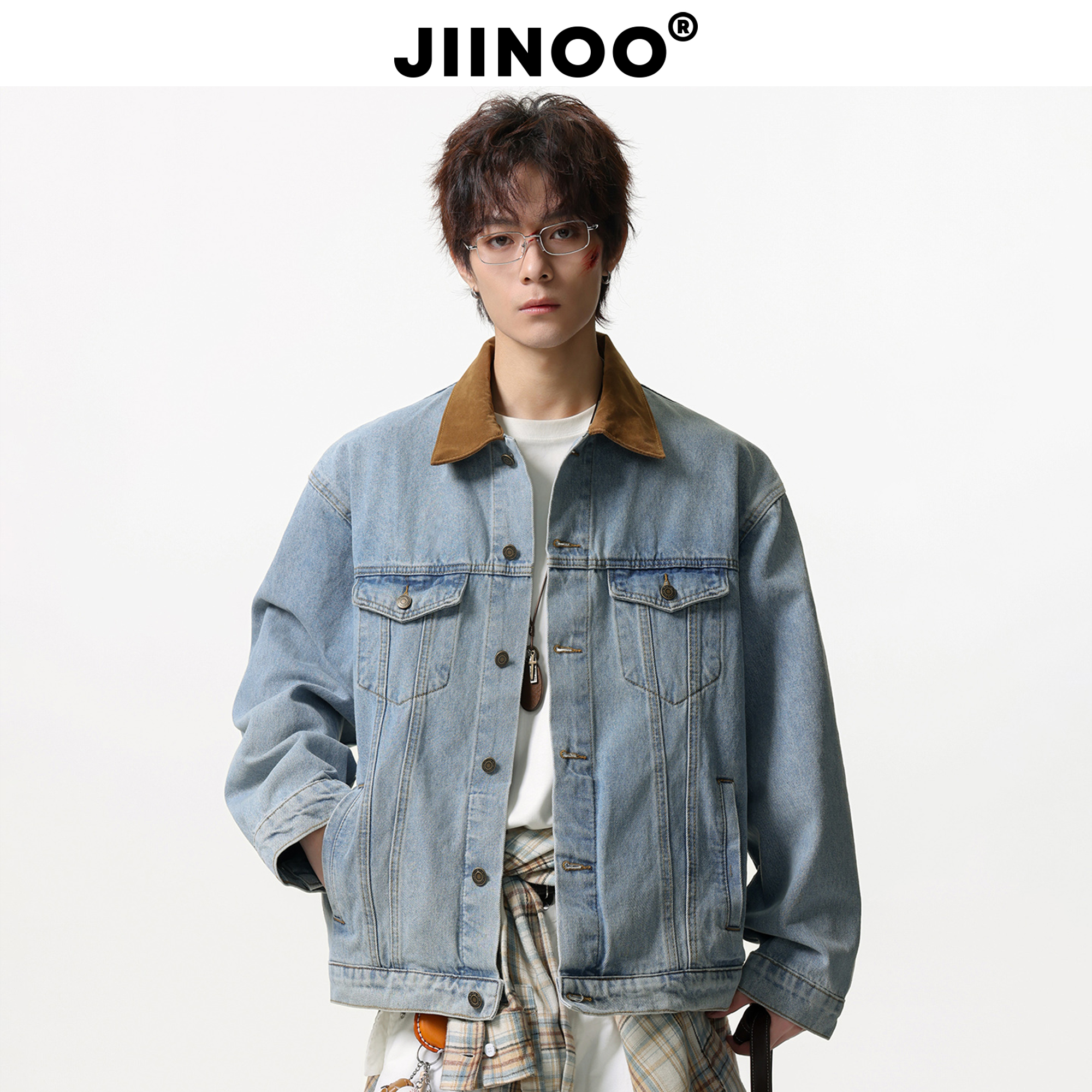 JIINOO美式复古水洗牛仔夹克
