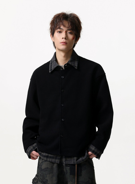 JIINOO假两件格纹拼接翻领外套秋冬cleanfit老钱风情侣夹克开衫