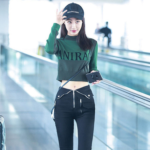 李菲儿吴昕明星同款毛衣2025春秋新款高腰拼色短款套头针织衫