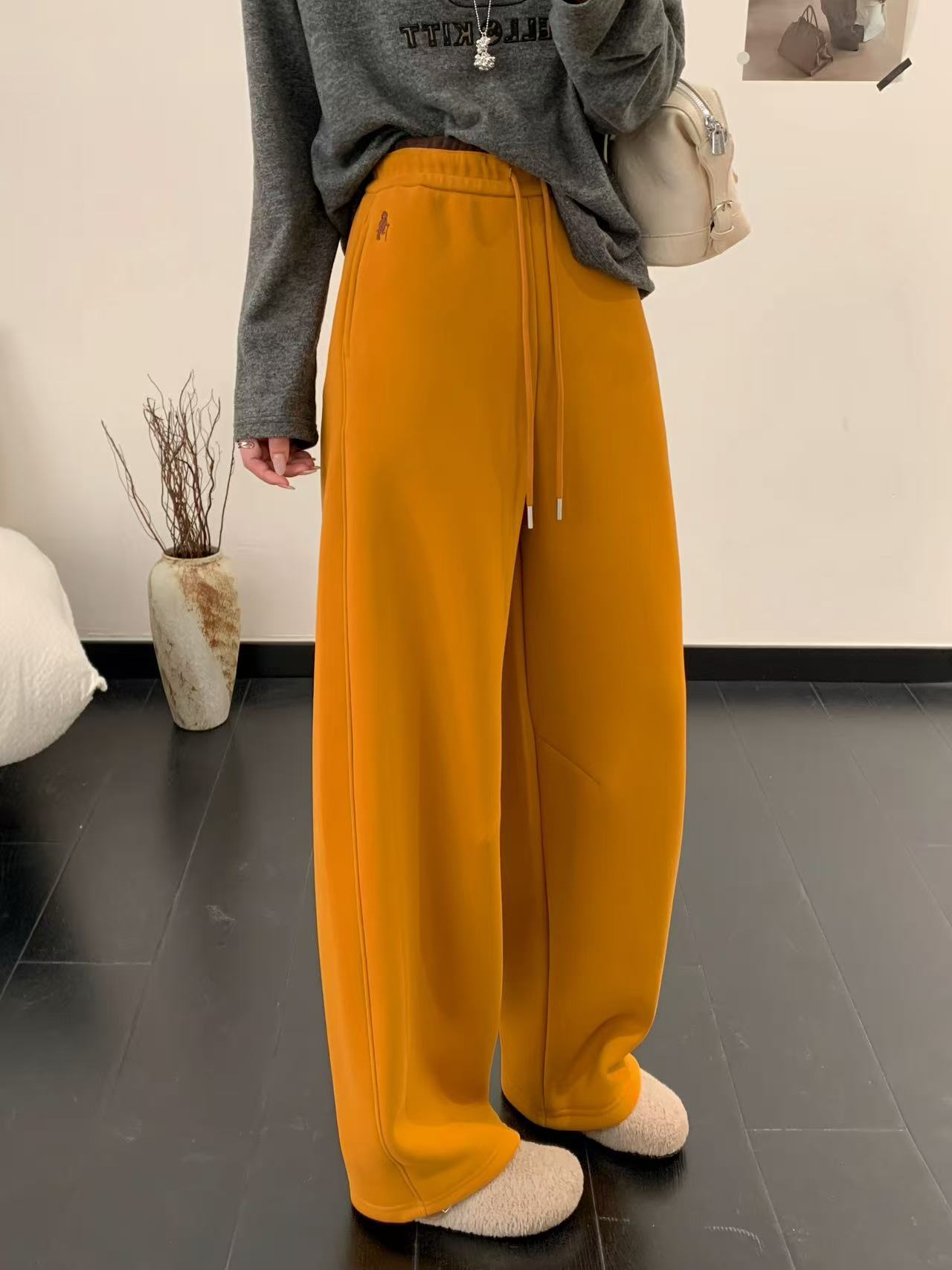 加绒香蕉裤女裤子卡通刺绣秋冬新款显瘦卫裤休闲外穿垂感阔腿裤女