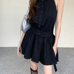 实拍2024夏装新款辣妹性感无袖背心连衣裙女收腰气质蓬蓬A字短裙