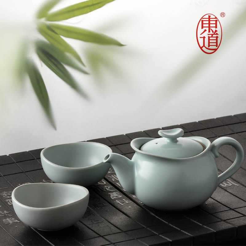 正品东道汝窑禅语壶杯组汝瓷茶具套装金丝开片茶组一壶两杯包邮